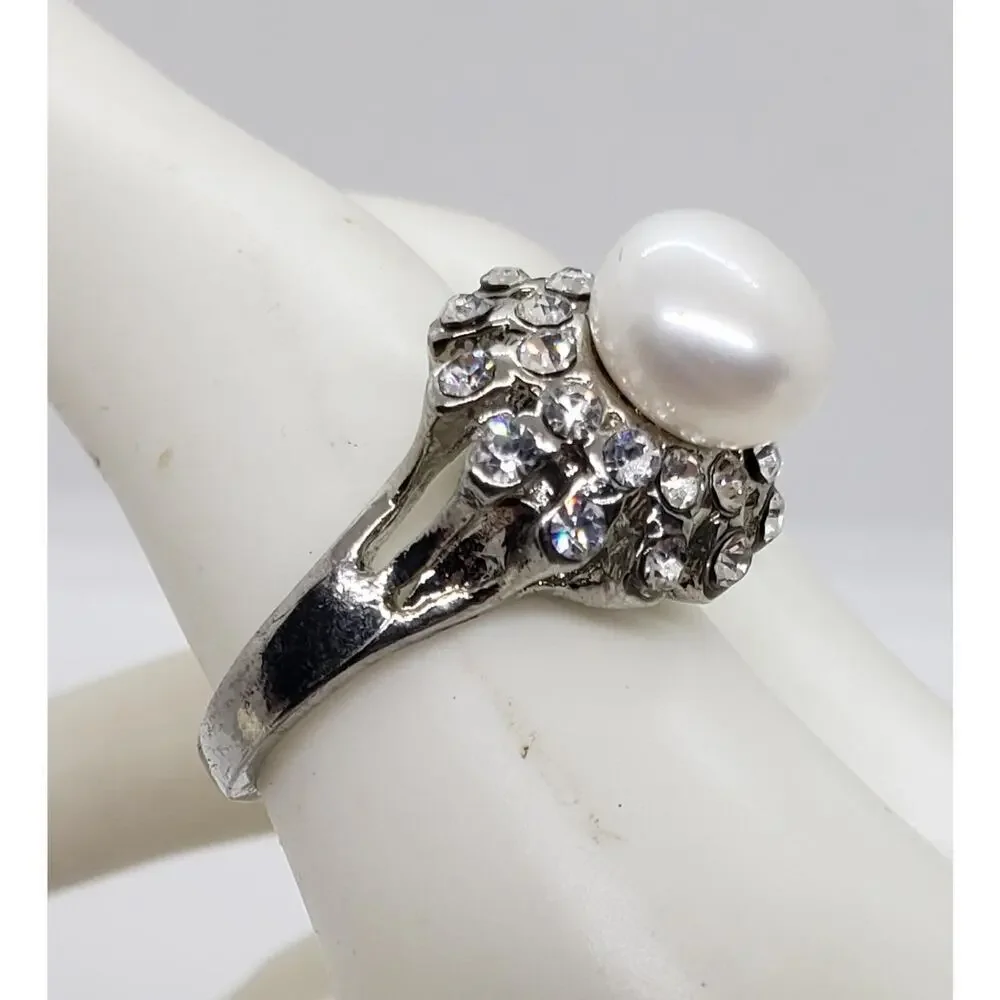 Vintage Big Ring Silver Genuine Pearl & Rhinestone Cluster Cocktail Domed sz 9